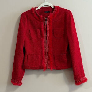Tweed Bomber Jacket Fur Lace Accents Sz 10 In Red